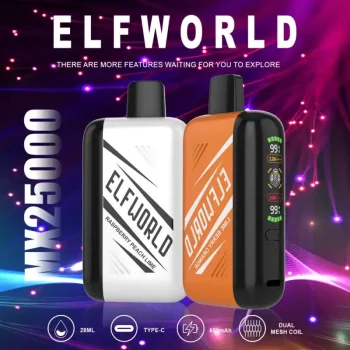 Home 30 Elfworld MX25000 Puffs nicotine strengths: 0%, 2%, 3%, and 5% 3D LCD screen Display Disposable Vape