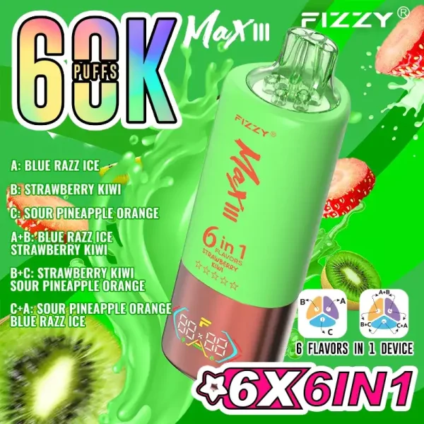 Fizzy Max III 6in1 60K (60000) Puffs Blue Razz Ice Strawberry Kiwi Sour Pineapple Disposable Vape 1 Fizzy Max III 6in1 60K (60000) Puffs LCD Display 60ml E-liquid 850 mAh Battery 2% 5% Nicotine 10 Flavors Disposable Vape