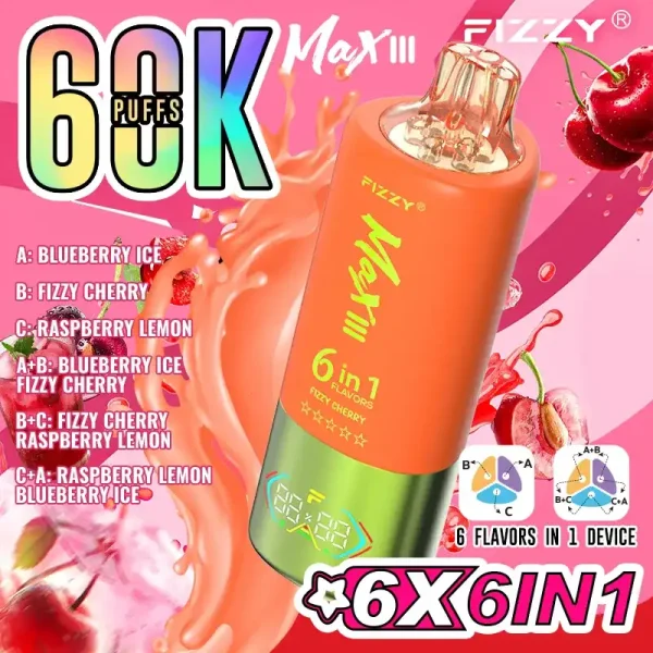 Fizzy Max III 6in1 60K (60000) Puffs Blueberry Ice Fizzy Cherry Raspberry Lemon Disposable Vape 1 Fizzy Max III 6in1 60K (60000) Puffs LCD Display 60ml E-liquid 850 mAh Battery 2% 5% Nicotine 10 Flavors Disposable Vape