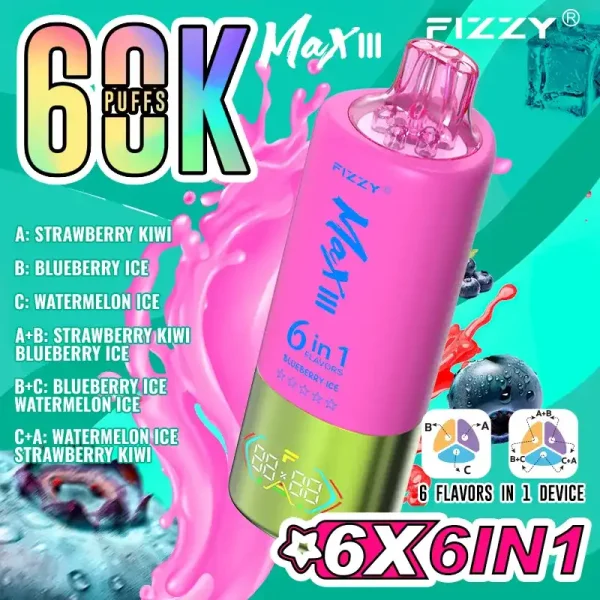 Fizzy Max III 6in1 60K (60000) Puffs Strawberry Kiwi Blueberry Ice Watermelon Ice Disposable Vape 1 Fizzy Max III 6in1 60K (60000) Puffs LCD Display 60ml E-liquid 850 mAh Battery 2% 5% Nicotine 10 Flavors Disposable Vape