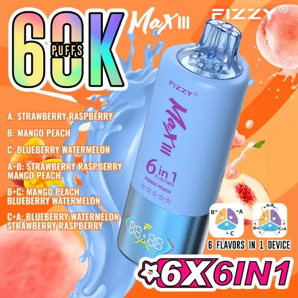 Fizzy Max III 6in1 60K (60000) Puffs Strawberry Raspberry Mango Peach Blueberry Watermelon Disposable Vape 1 Fizzy Max III 6in1 60K (60000) Puffs LCD Display 60ml E-liquid 850 mAh Battery 2% 5% Nicotine 10 Flavors Disposable Vape