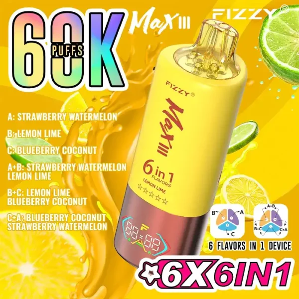 Fizzy Max III 6in1 60K (60000) Puffs Strawberry Watermelon Lemon Lime Blueberry Coconut Disposable Vape 1 Fizzy Max III 6in1 60K (60000) Puffs LCD Display 60ml E-liquid 850 mAh Battery 2% 5% Nicotine 10 Flavors Disposable Vape