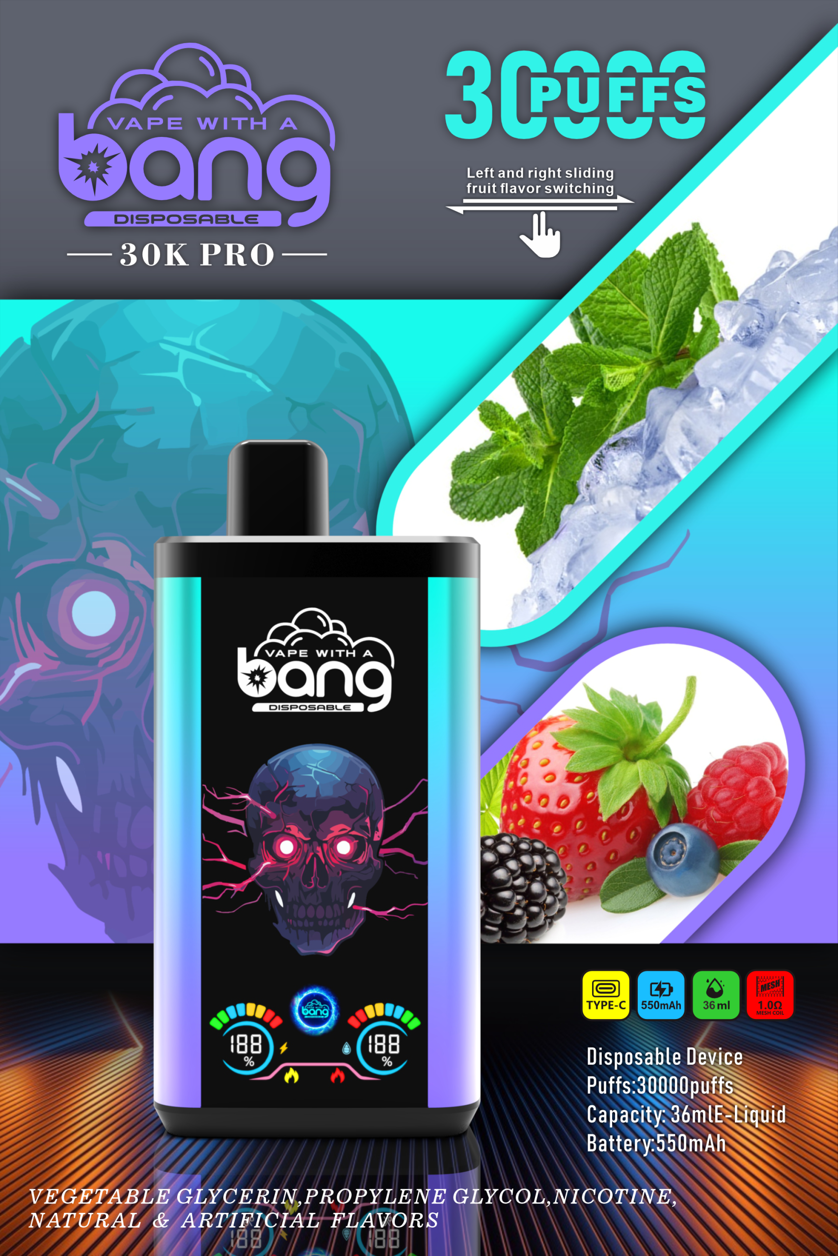 vape-site.com Bang 30K(30000) Puffs PRO Dual Flavor Screen Display 36ml E-liquid 0% 2% 3% 5% Nicotine Disposable Vape