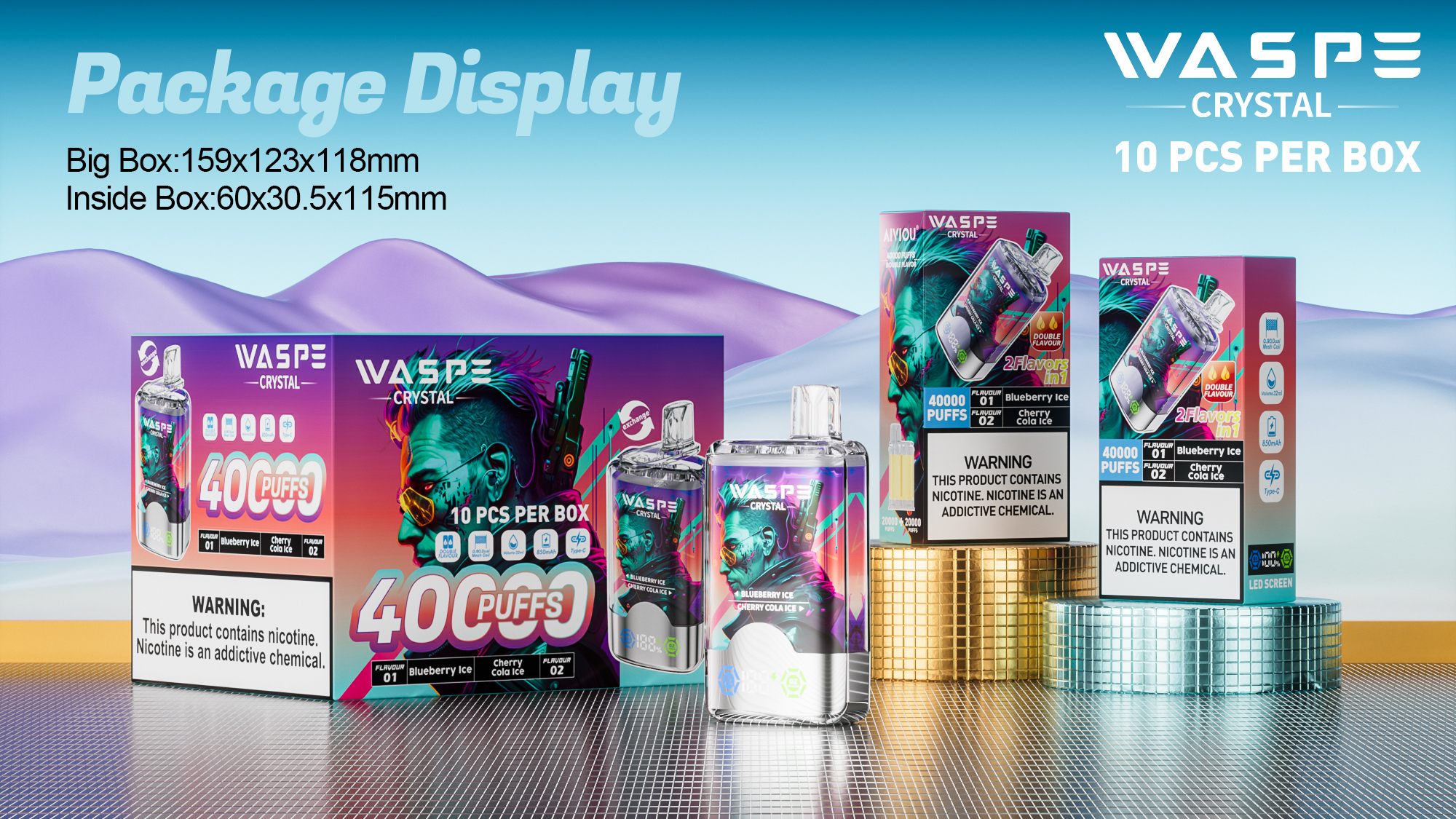 vape-site.com WASPE Crystal Double Flavors 40K(40000) Puffs 32mL e-liquid 0% 2% or 5% Nicotine Smart LED Display Type-C charging Disposable Vape