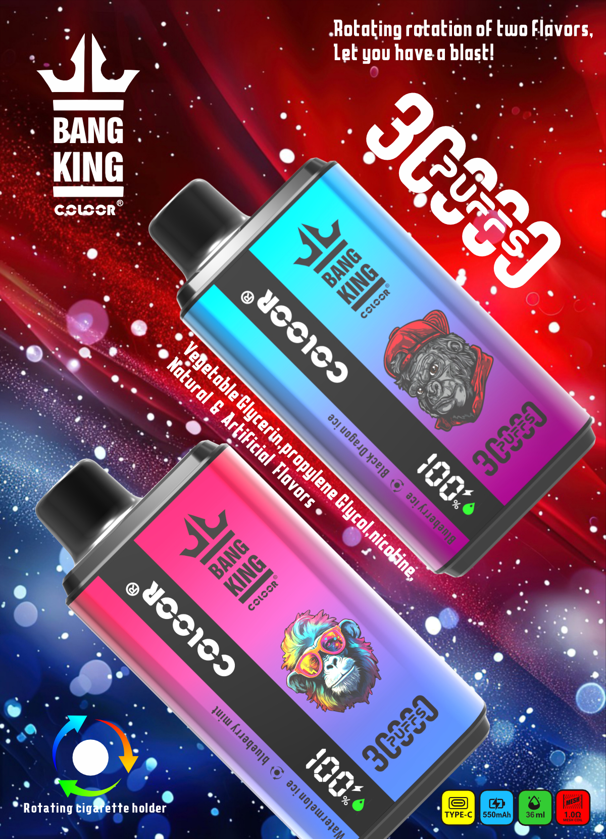 vape-site.com Bang King 30K(30000) Puffs New Double Flavor 0% 2% 3% 5% Nicotine LED Digital Display 36ml E-liquid Disposable Vape